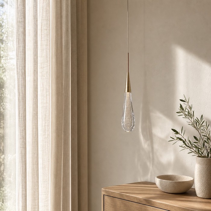 Elegant gold metal and solid crystal light fixture reflecting natural daylight in a neutral room.