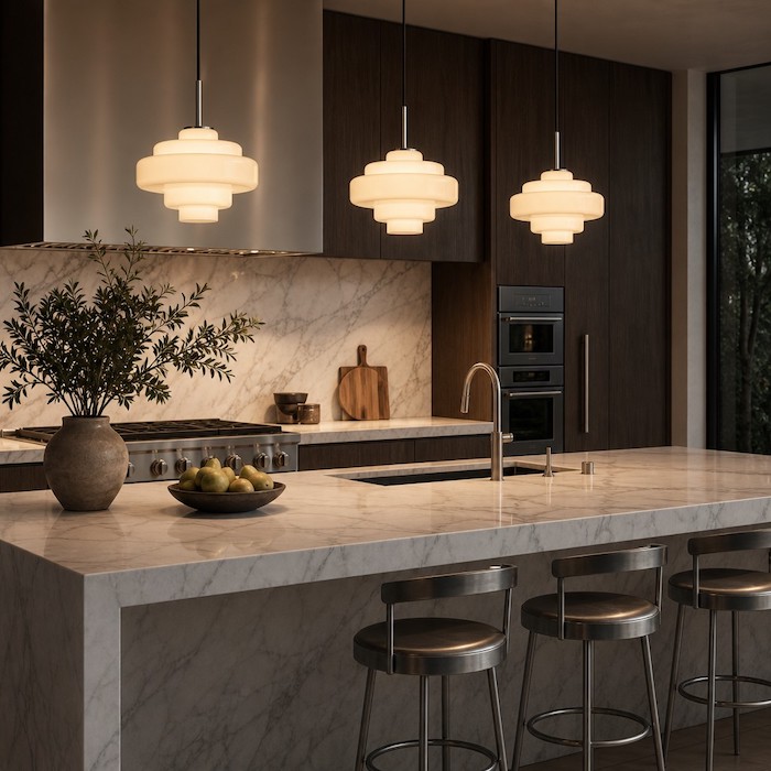 Diffused lighting from a tiered glass pendant softening a marble countertop.