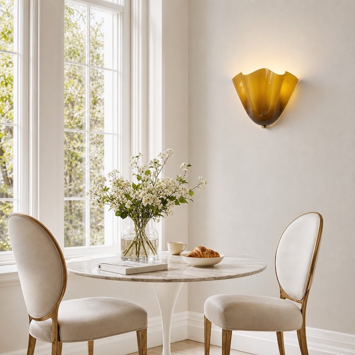 Cozy breakfast nook illuminated by a single floral glass sconce.