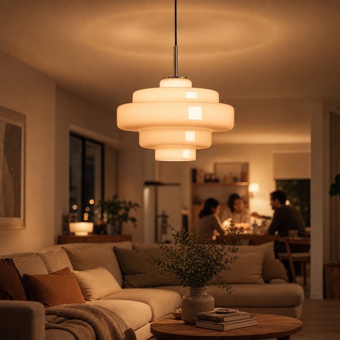 Layered light diffusion from a tiered glass pendant lamp.