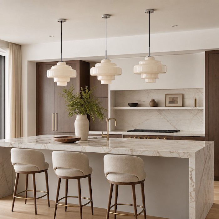 Three tiered glass pendants installed over a kitchen island.