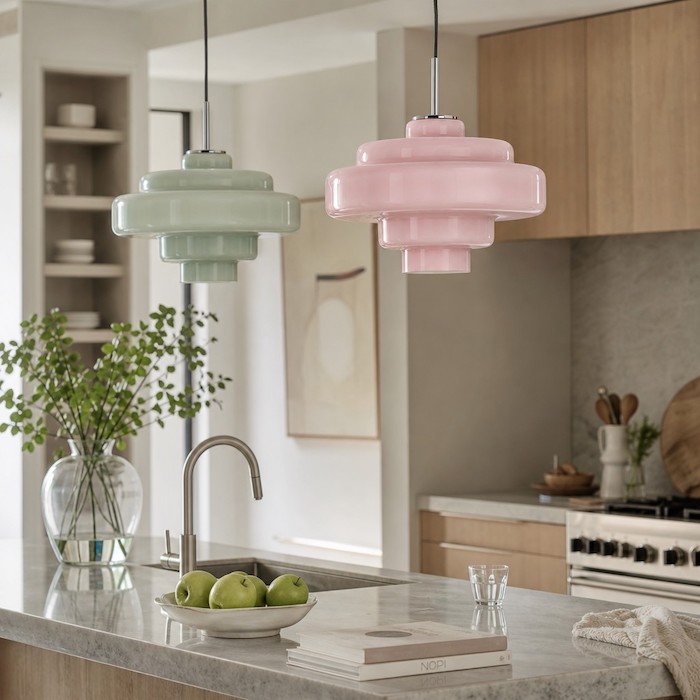 Niall Bauhaus Macaron Tiered Glass Pendant in kitchen.