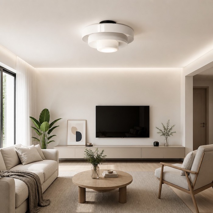Volumetric light distribution from a multi-tier ceiling lamp in a living room.