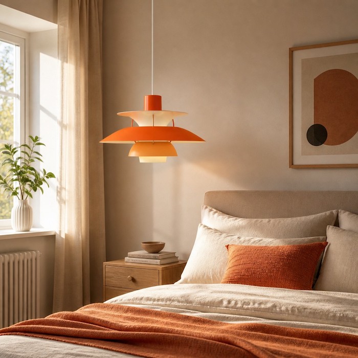 Eine glänzende, orangefarbene, mehrstufige Pendelleuchte setzt einen Farbakzent im Schlafzimmer.