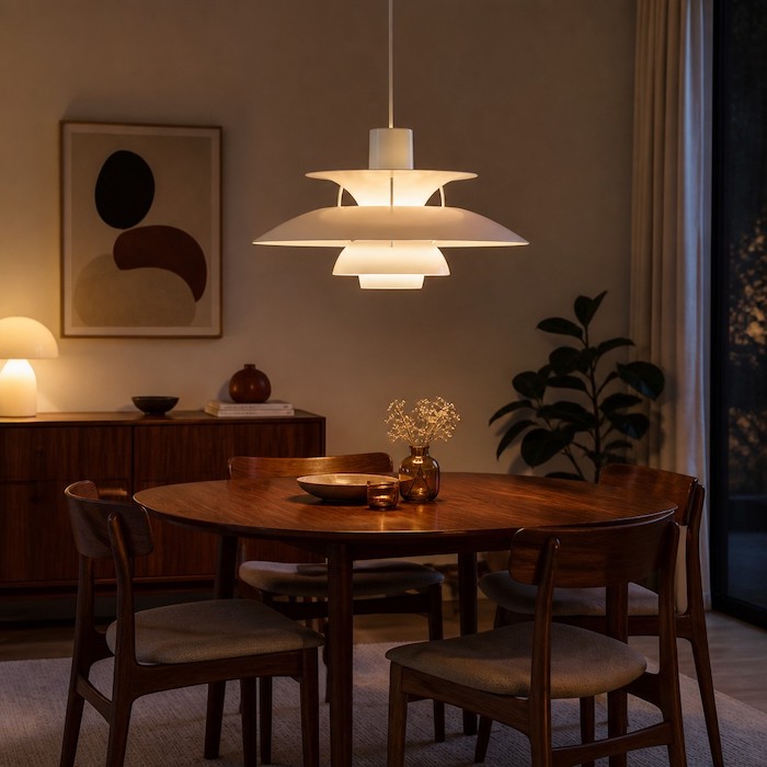 Dänische Pendelleuchte im Mid-Century-Design über einem runden Esstisch aus Walnussholz