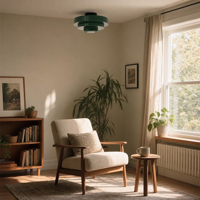 Green Bauhaus macaron light fixture in a sunlit reading nook.