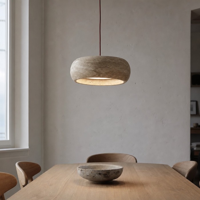 Natural stone pendant light over an oak dining table in a neutral room.