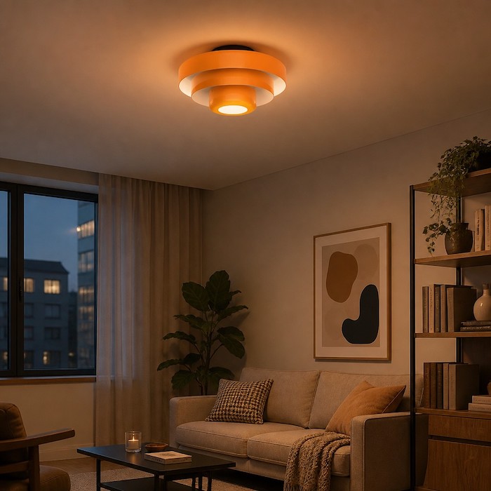 Matte orange 3-tier ceiling light providing cozy evening ambiance in a living room.