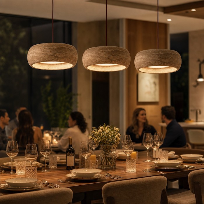 Warmes, stimmungsvolles Licht einer Travertin-Pendelleuchte in Trommelform definiert einen exklusiven Raum für Dinnerpartys.