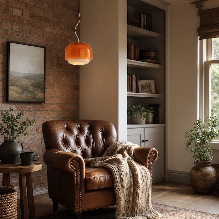American farmhouse style reading alcove styled with a leather armchair and decorative glass lighting.