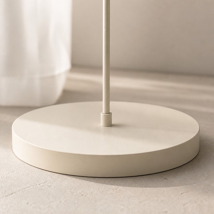 Beige-weiße, matte Metallscheiben-Details an der Adelle-Leuchte.