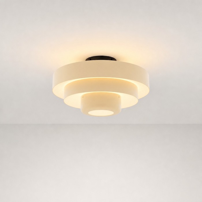 Close-up of floating tiered lighting design showing light diffusion.