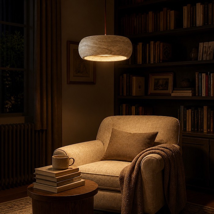 Warm evening glow from a stone drum pendant light in a cozy reading corner.