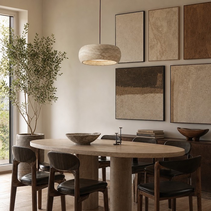Eine trommelförmige Natursteinlampe reflektiert das Tageslicht in einem mit strukturierten Kunstwerken geschmückten Esszimmer.