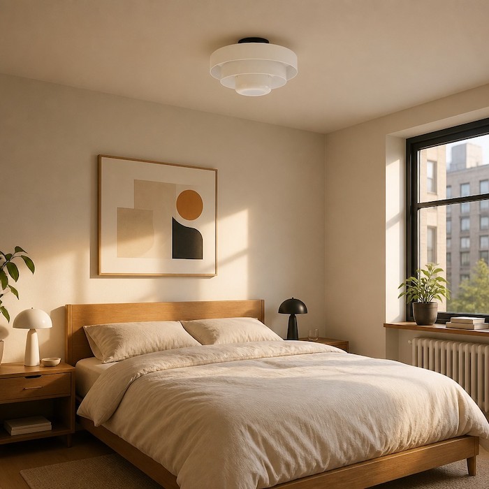 Weiße dreistufige Kael Bauhaus-Leuchte in einem gemütlichen, neutralen Schlafzimmer.