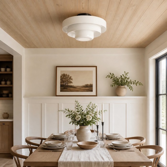 Matte white tiered ceiling lamp hanging in a New Nordic style dining room.