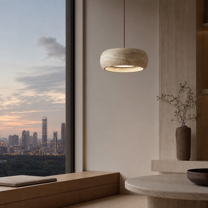 Modern apartment interior contrasting with organic travertine stone lighting.