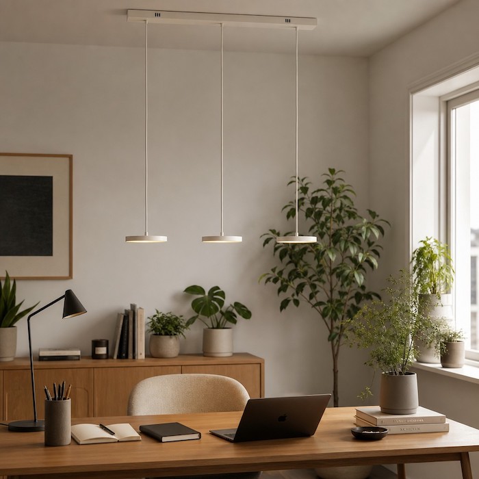Beige-weiße Metallscheiben-Pendelleuchte in einem modernen Heimbüro.