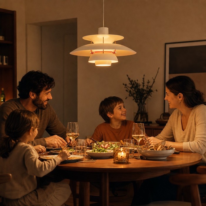 Architektonische, mehrstufige Pendelleuchte mit warm leuchtendem, rotem Innenring