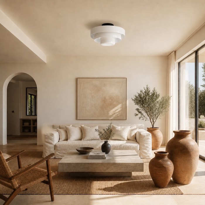 Weiße, dreistufige Deckenleuchte im luxuriösen, modernen Wohnzimmerstil.