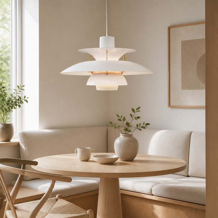 Sanfter, minimalistischer Frühstücksbereich im neuen nordischen Stil mit architektonischer Hängeleuchte