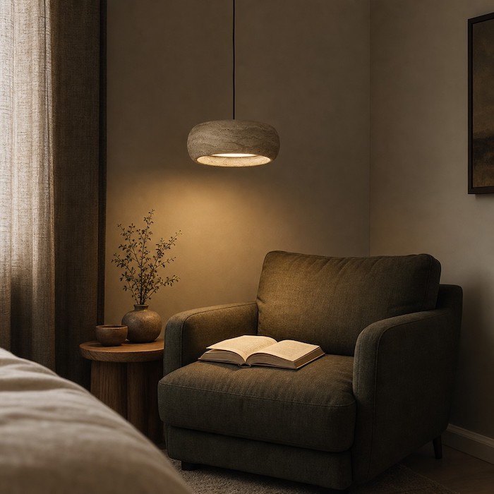 Eine asymmetrische Steinpendelleuchte beleuchtet eine gemütliche Leseecke im Schlafzimmer.