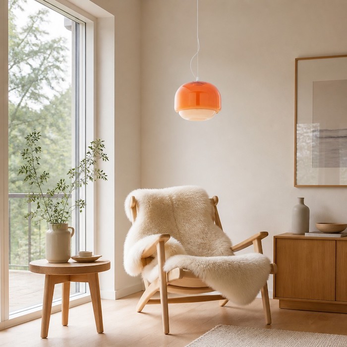 New Nordic style reading space featuring a minimalist wood chair and a colorful spherical glass lamp.