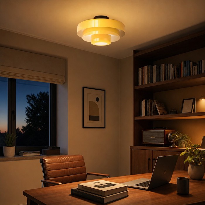 Warm ambient lighting from a 3-tier ceiling fixture in a home office.