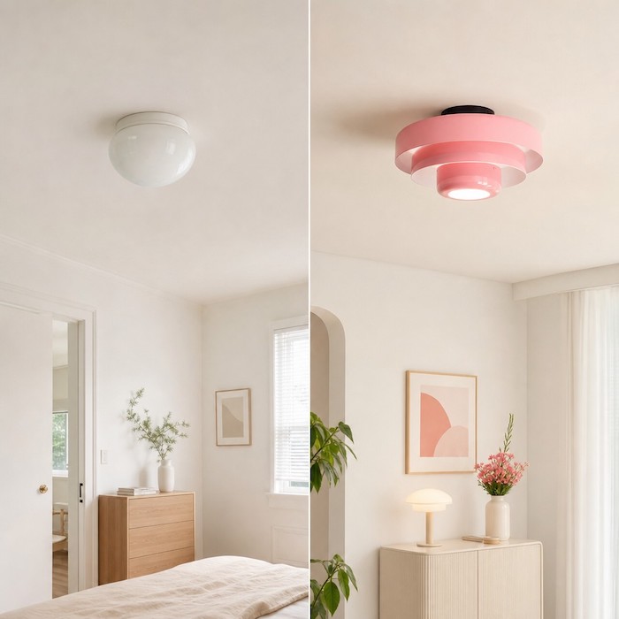Visueller Vergleich einer billigen Standard-Kuppelleuchte mit einer maßgefertigten Bauhaus-Deckenleuchte.