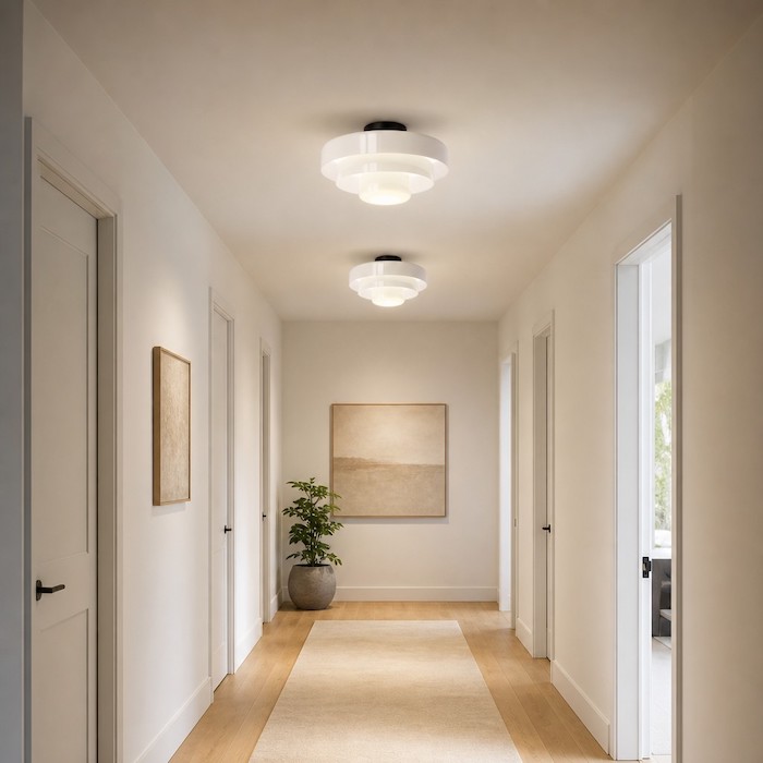 Low ceiling hallway brightened by multi-tier flush mount lights.