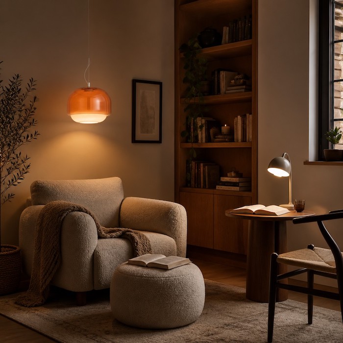 Layered lighting setup featuring warm amber ambient light with clear functional job light in the room.