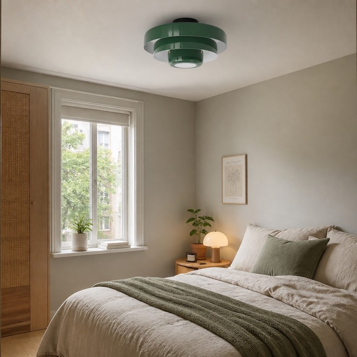 Green Macaron style ceiling light in a Nordic bedroom.