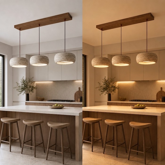 Comparison of warm vs cool color temperatures in a travertine pendant light.