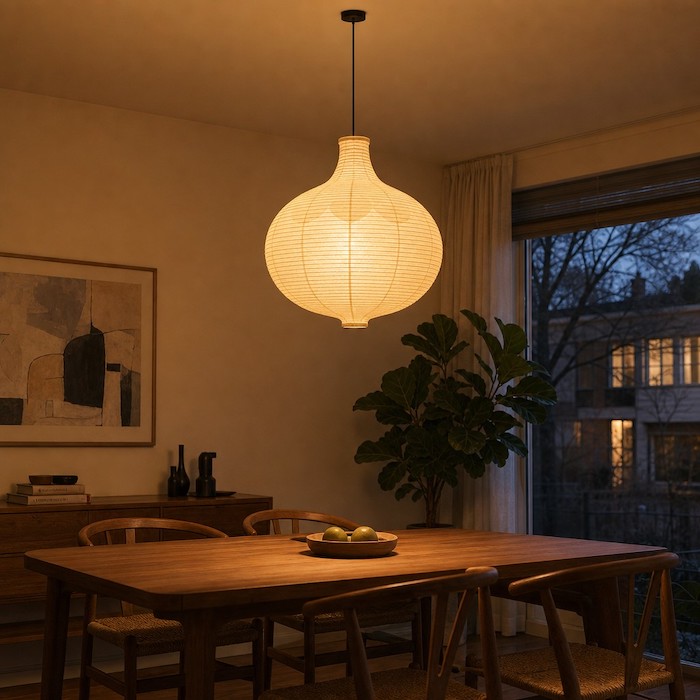 Sanfte 360-Grad-Lichtverteilung durch eine kugelförmige Pendelleuchte über einem Esstisch
