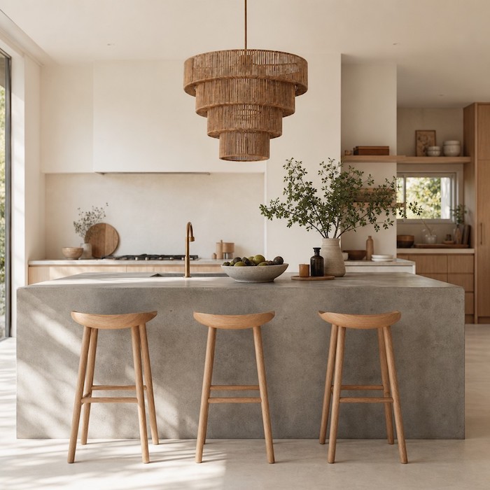 Organic modern kitchen island lighting using braided cotton lampshades