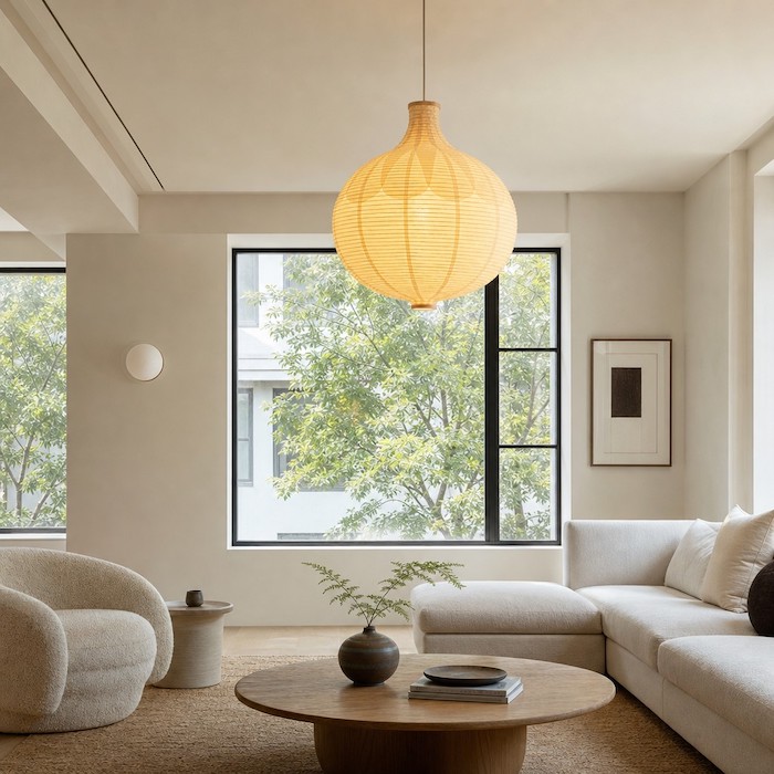 Runde Kugelpendelleuchte mildert scharfe architektonische Linien in einem offenen Zuhause