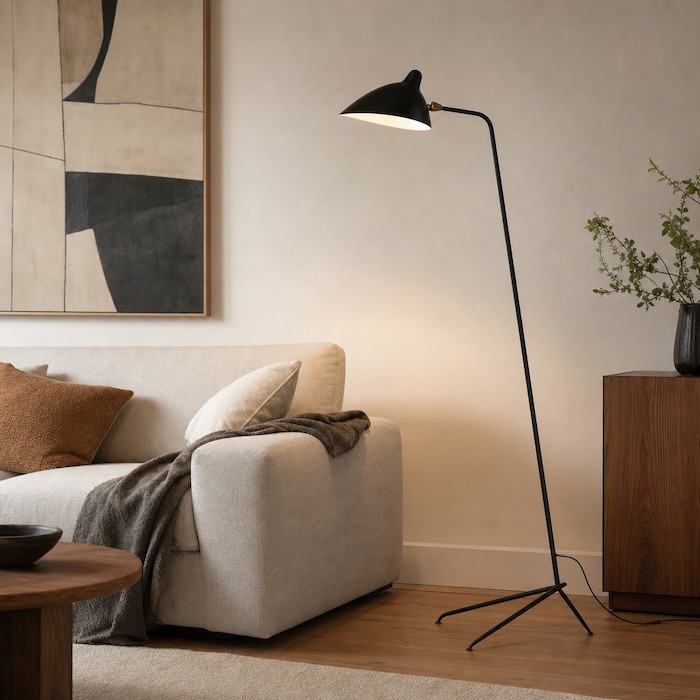 Grafischer Kontrast zwischen einer mattschwarzen Eisenlampe und einer hellcremefarbenen Akzentwand.