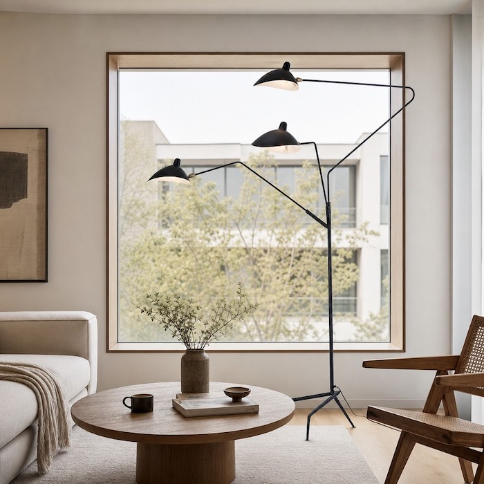 Schlanker, gebogener Arm einer schwarzen Stehlampe, der sich geometrisch mit einem rechteckigen Fensterrahmen kreuzt.