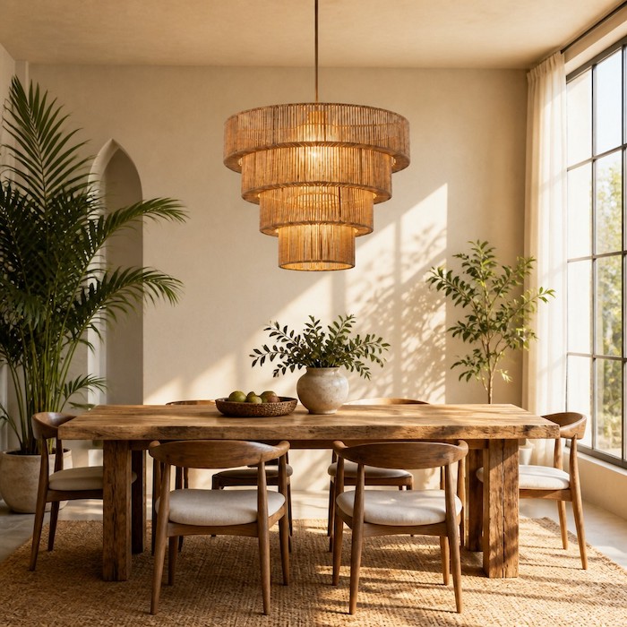 How to style boho chic lights over a reclaimed wood dining table