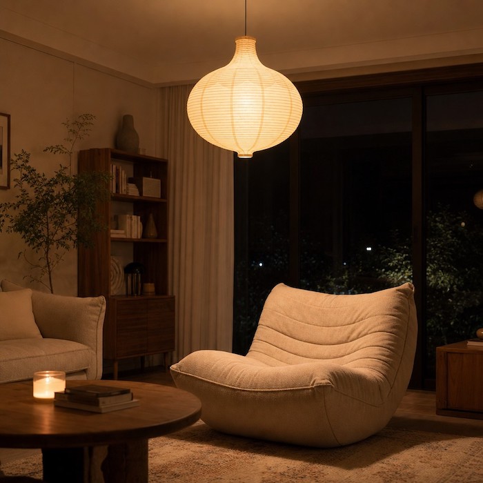 Gleichmäßig gestreutes Umgebungslicht einer runden Papierlampe in der Abenddämmerung