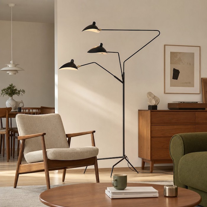 Gauri Serge Miller Stehleuchte multi-arm floor lamp branching out from an empty corner layout to a sofa zone.