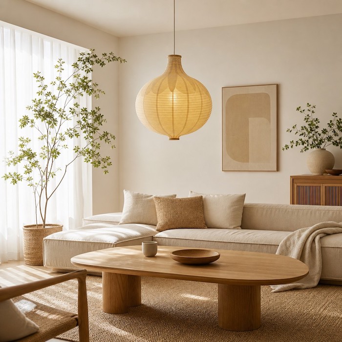 Natürliche Holz- und Papiertexturen einer Kugellampe in einem minimalistischen Zuhause