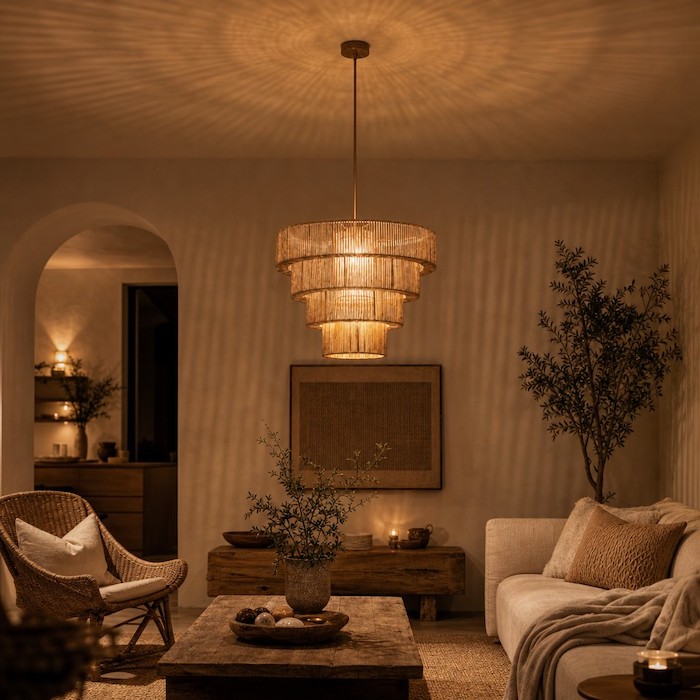 Boho chic living room at night illuminated by a braided cotton lampshade