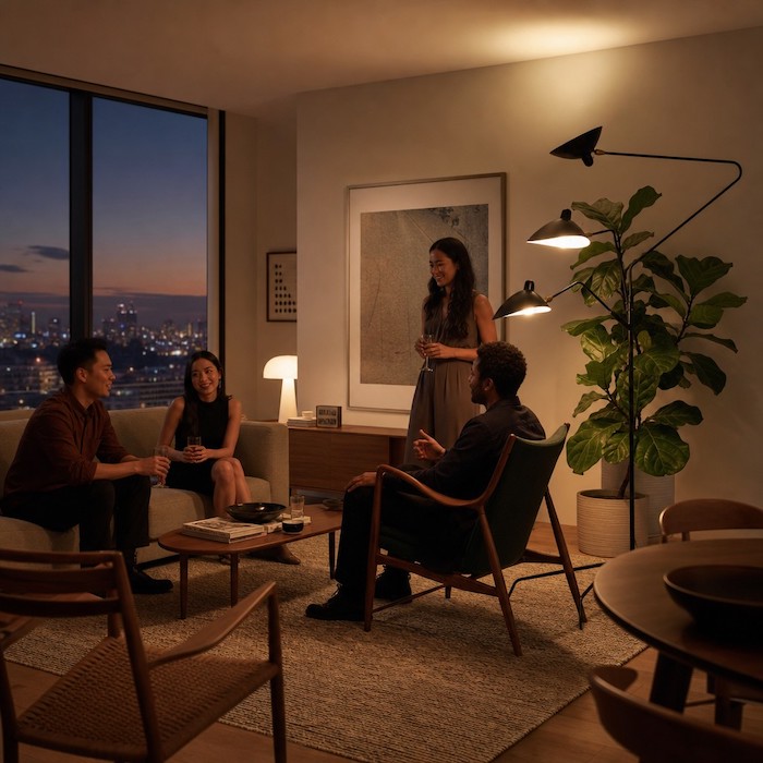 Mehrdimensionale Lichtgestaltung mit einer drehbaren dreischirmigen Stehlampe in einem abendlichen Wohnzimmerambiente.