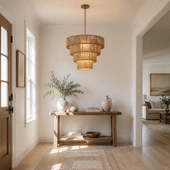 Textured home styling with a braided cotton hanging light in a bright entryway