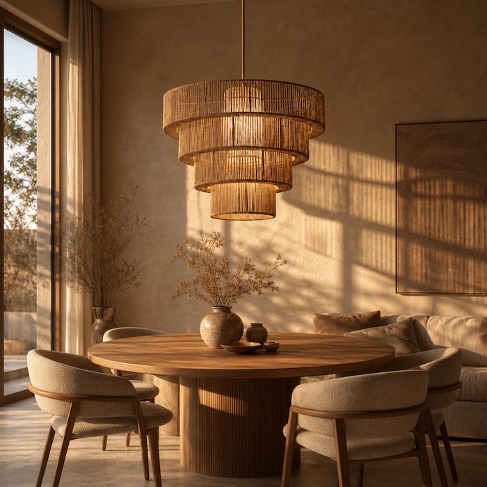 Modern boho decor dining room during golden hour with warm pendant lighting