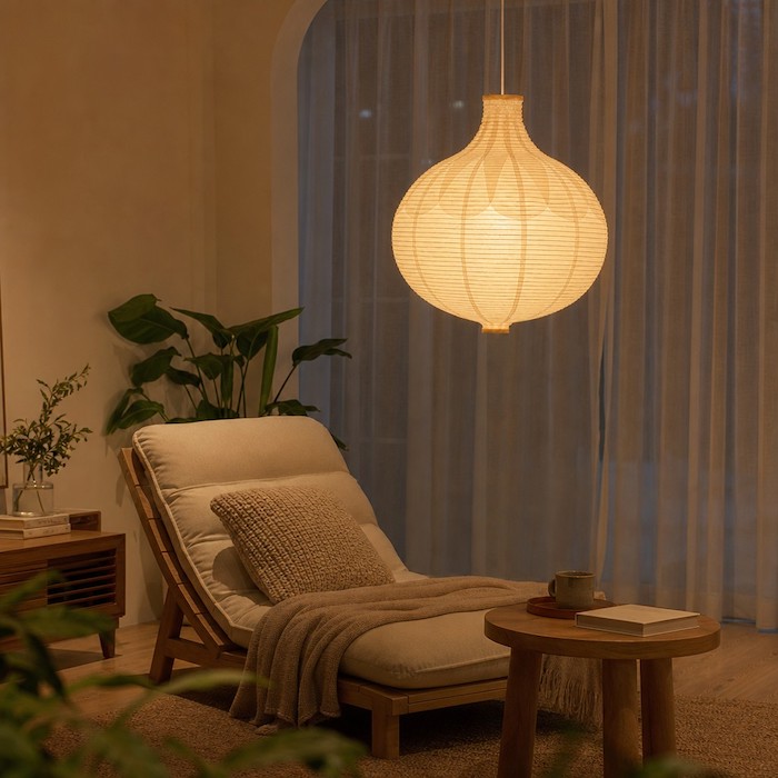 Gemütliche Abendatmosphäre in einem nachhaltigen Wohnzimmer mit sanfter Papierbeleuchtung