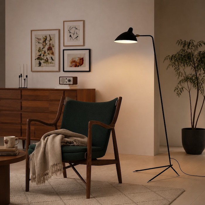 Deep hooded metal lamp shades providing glare-free focused light in a relaxing residential setting.