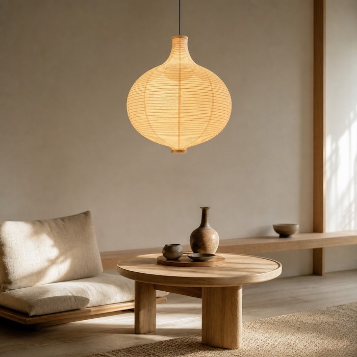 Minimalistischer Loungebereich mit einer kugelförmigen Leuchte aus Holz und Papier