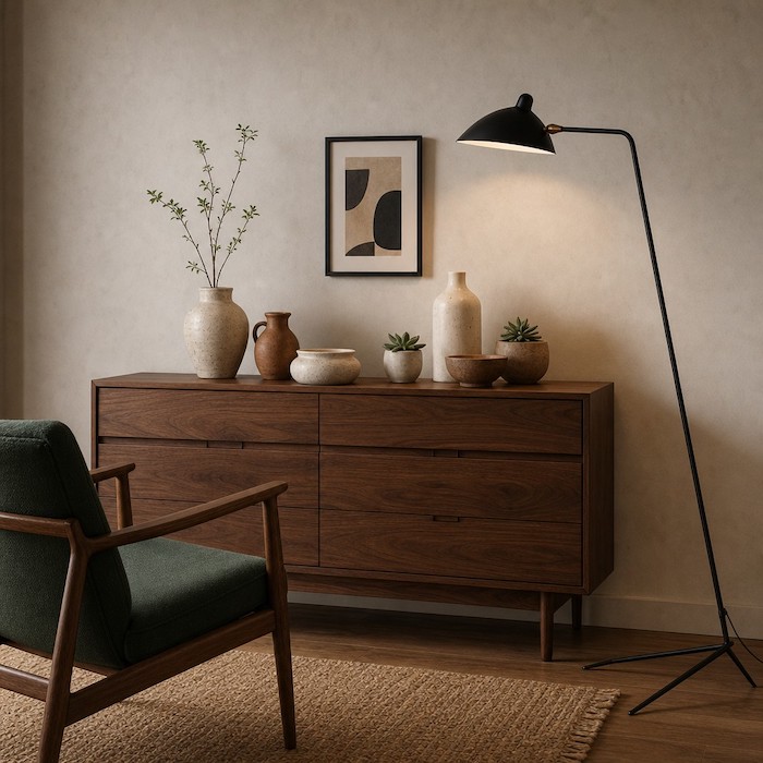 Eine mattschwarze Stehlampe aus Eisen bildet einen grafischen Kontrast zu einer Anrichte aus edlem Walnussholz.
